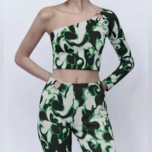 NWT ZARA Jacquard Asymmetrical One Shoulder Crop Top Ring Detail 5039/712 Size M